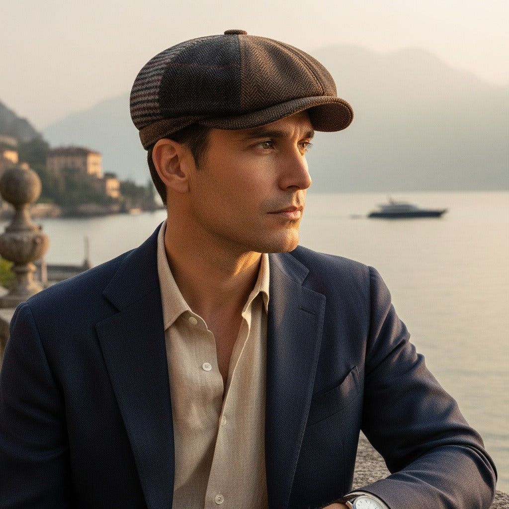 Mens Tartan Flat Caps - Brown Plaid - Angled Shot