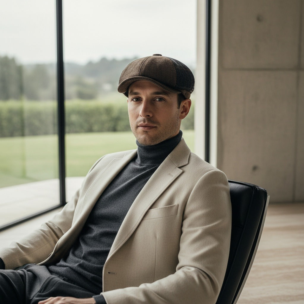 Mens Tartan Flat Caps - Brown Plaid - Side Profile