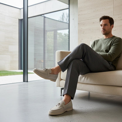 Mens Tassel Loafers - Stone - Side Profile