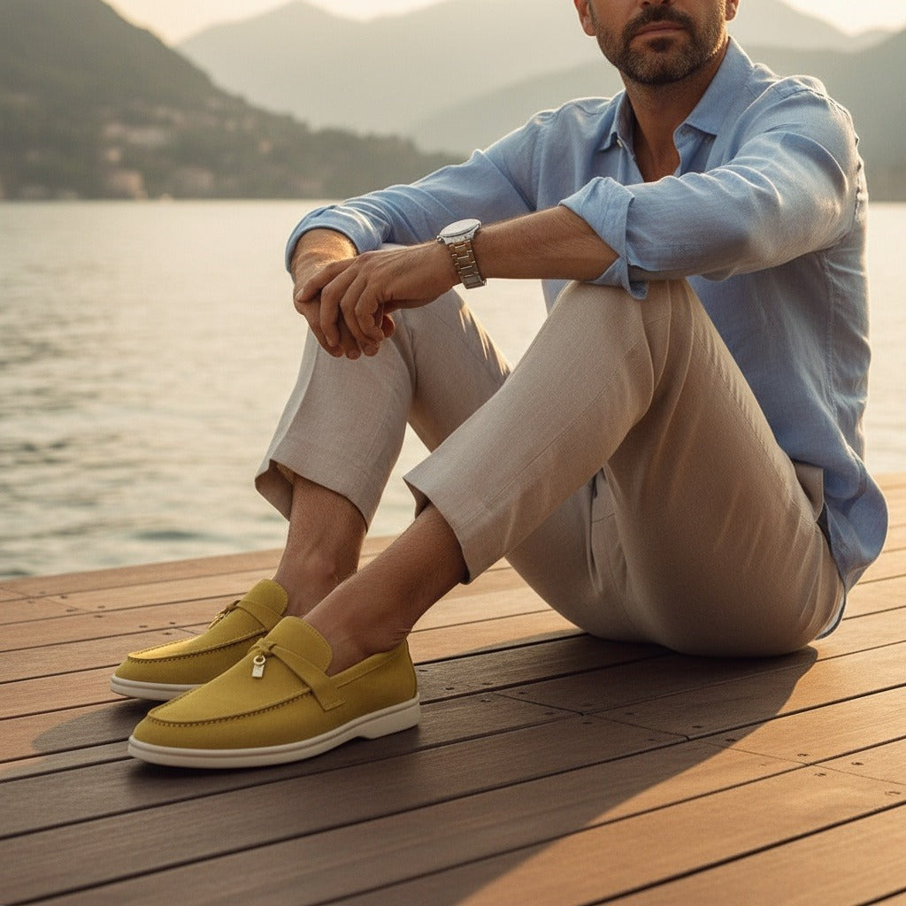 Mens Tassel Loafers - Ochre - Angled Shot