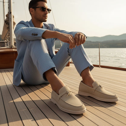 Mens Tassel Loafers - Beige - Angled Shot