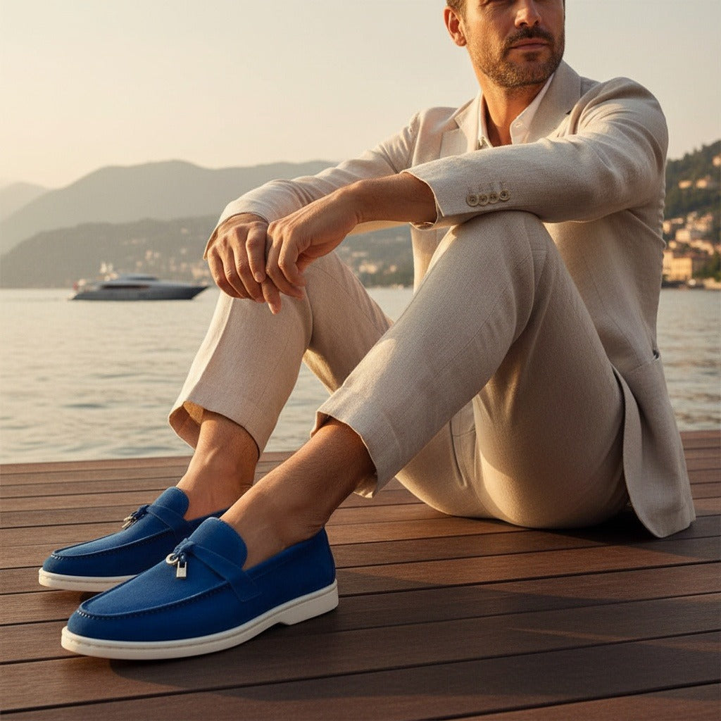 Mens Tassel Loafers - Royal Blue - Angled Shot