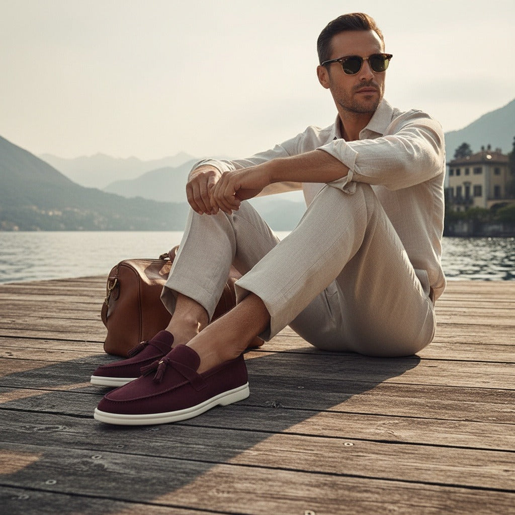 Mens Tassel Loafers - Burgundy - Angled Shot