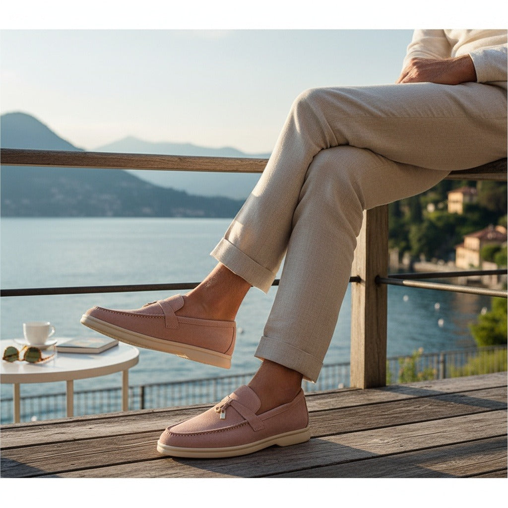 Mens Tassel Loafers - Rose Mist - Angled Shot
