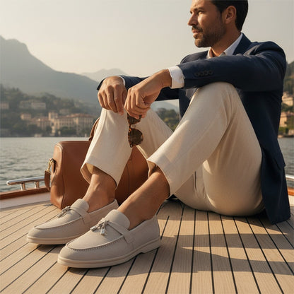 Mens Tassel Loafers - Stone - Angled Shot
