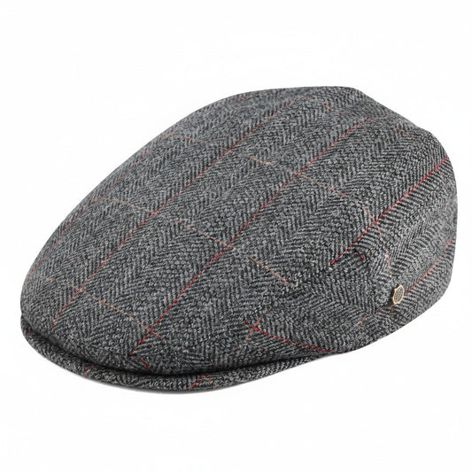 Mens Tweed Flat Cap - Grey Plaid - Front View