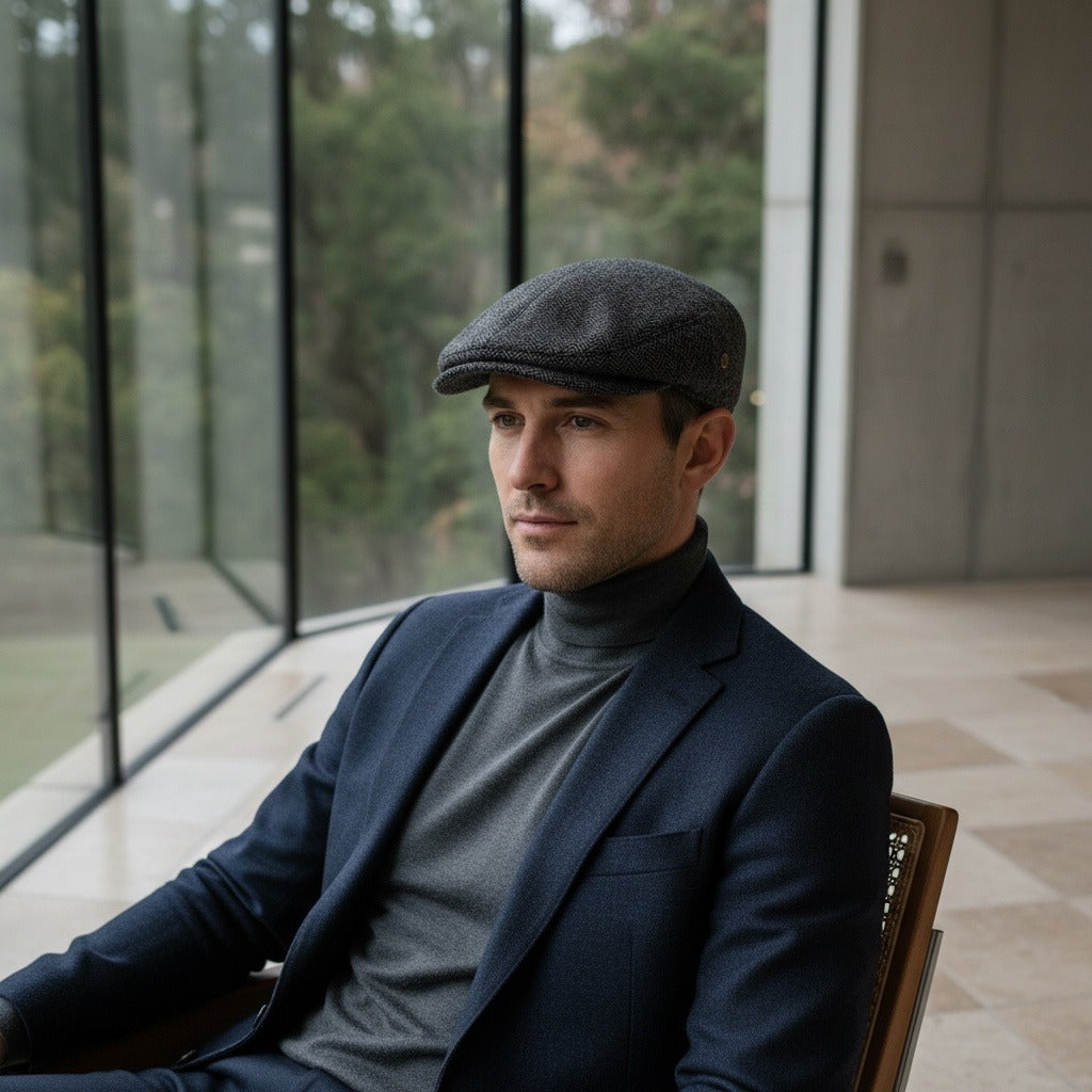 Mens Tweed Flat Cap - Charcoal Herringbone - Side Profile