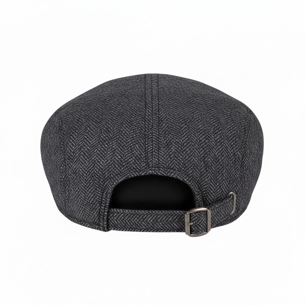 Mens Tweed Flat Cap - Charcoal Herringbone - Fabric Detail