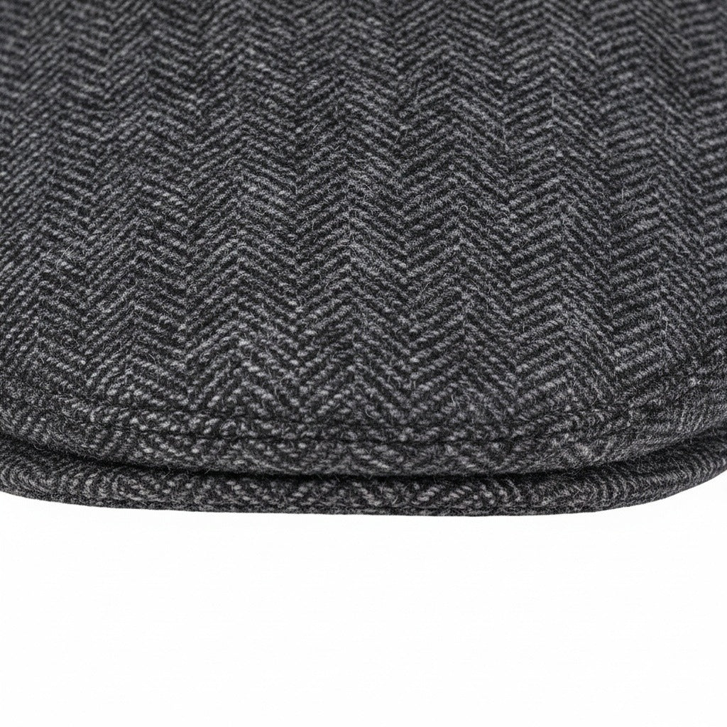 Mens Tweed Flat Cap - Charcoal Herringbone - Texture Close Up