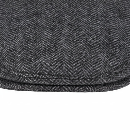 Mens Tweed Flat Cap - Charcoal Herringbone - Texture Close Up