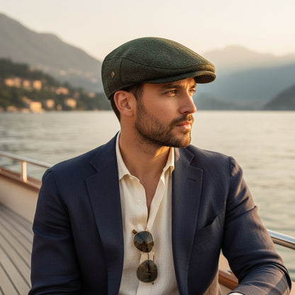 Mens Tweed Flat Cap - Forest Herringbone - Angled Shot