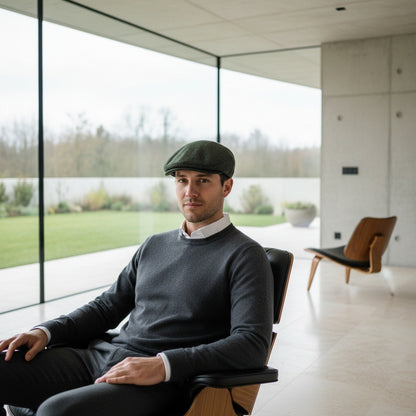 Mens Tweed Flat Cap - Forest Herringbone - Side Profile