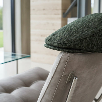 Mens Tweed Flat Cap - Forest Herringbone - Back View