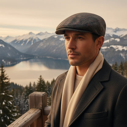 Mens Tweed Flat Cap - Grey Plaid - Angled Shot