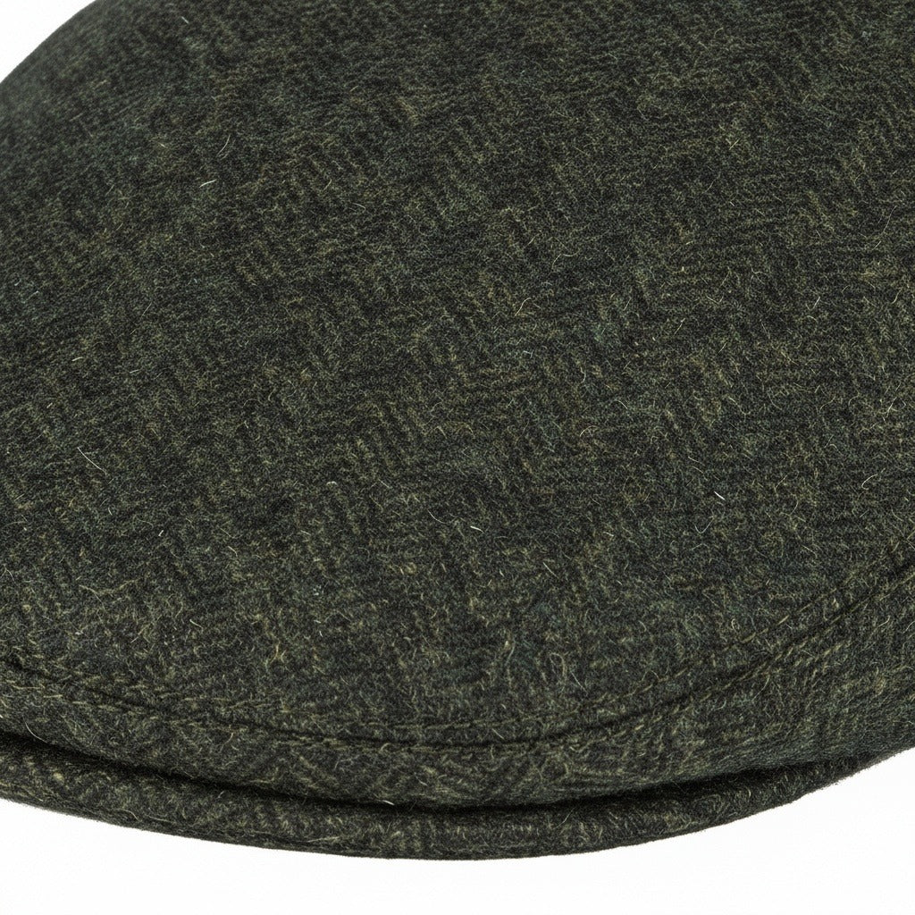 Mens Tweed Flat Cap - Forest Herringbone - Texture Close Up