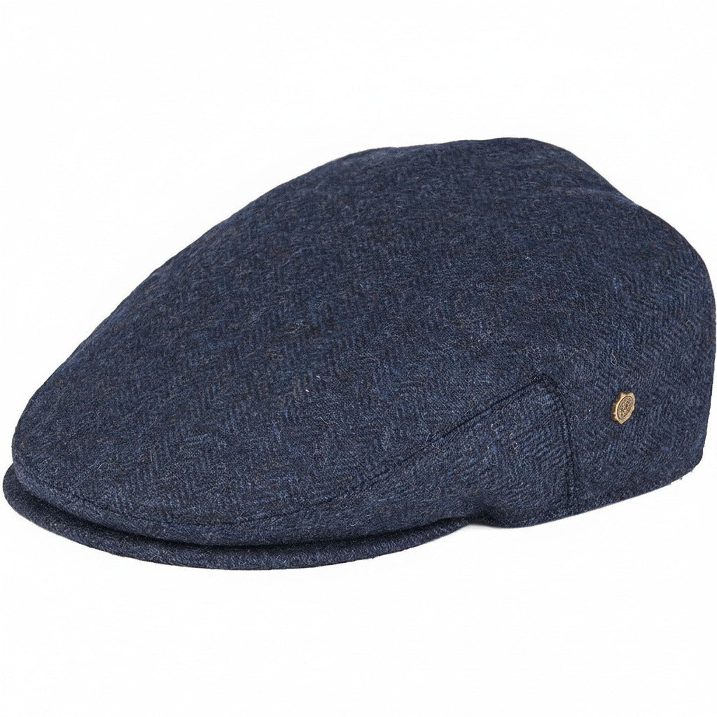 Mens Tweed Flat Cap - Navy Herringbone - Front View