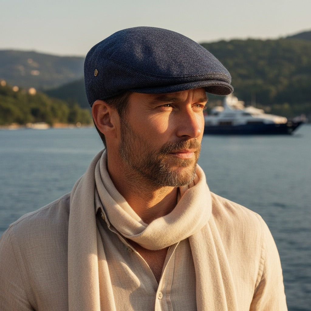 Mens Tweed Flat Cap - Navy Herringbone - Angled Shot