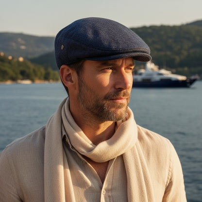 Mens Tweed Flat Cap - Navy Herringbone - Angled Shot