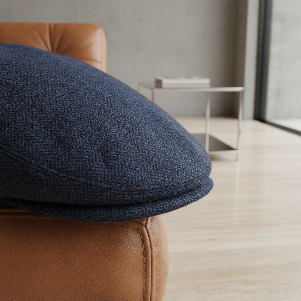 Mens Tweed Flat Cap - Navy Herringbone - Back View