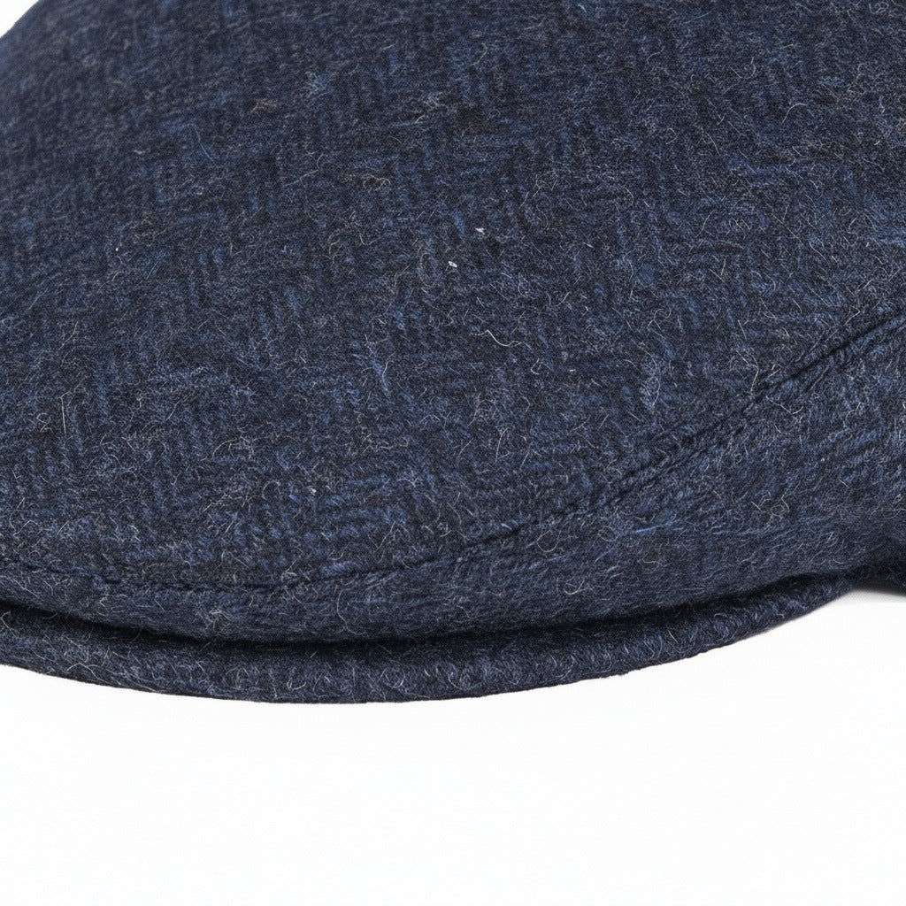 Mens Tweed Flat Cap - Navy Herringbone - Texture Close Up