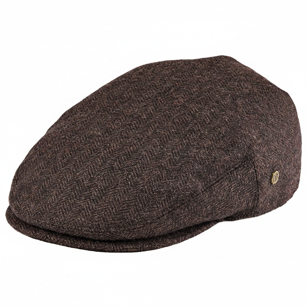Mens Tweed Flat Cap - Brown Herringbone - Front View