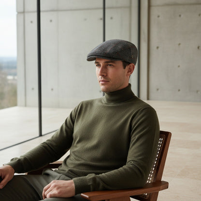 Mens Tweed Flat Cap - Grey Plaid - Side Profile