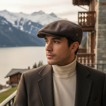 Mens Tweed Flat Cap - Brown Herringbone - Angled Shot