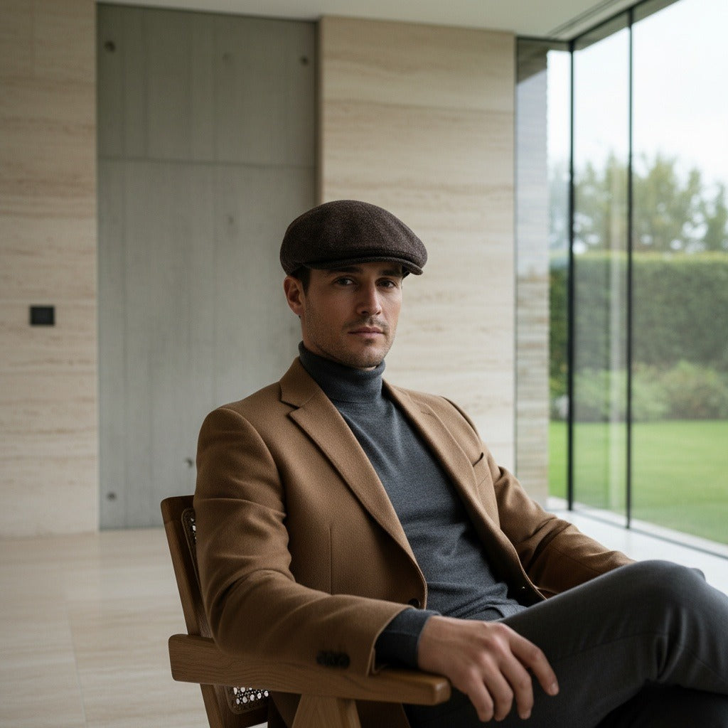 Mens Tweed Flat Cap - Brown Herringbone - Side Profile