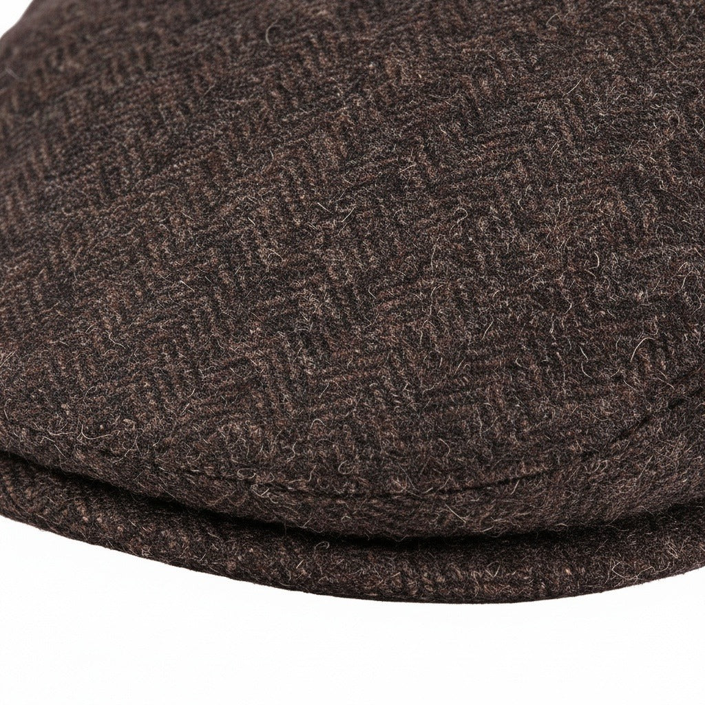 Mens Tweed Flat Cap - Brown Herringbone - Texture Close Up