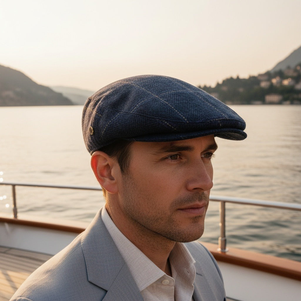 Mens Tweed Flat Cap - Indigo Plaid - Angled Shot