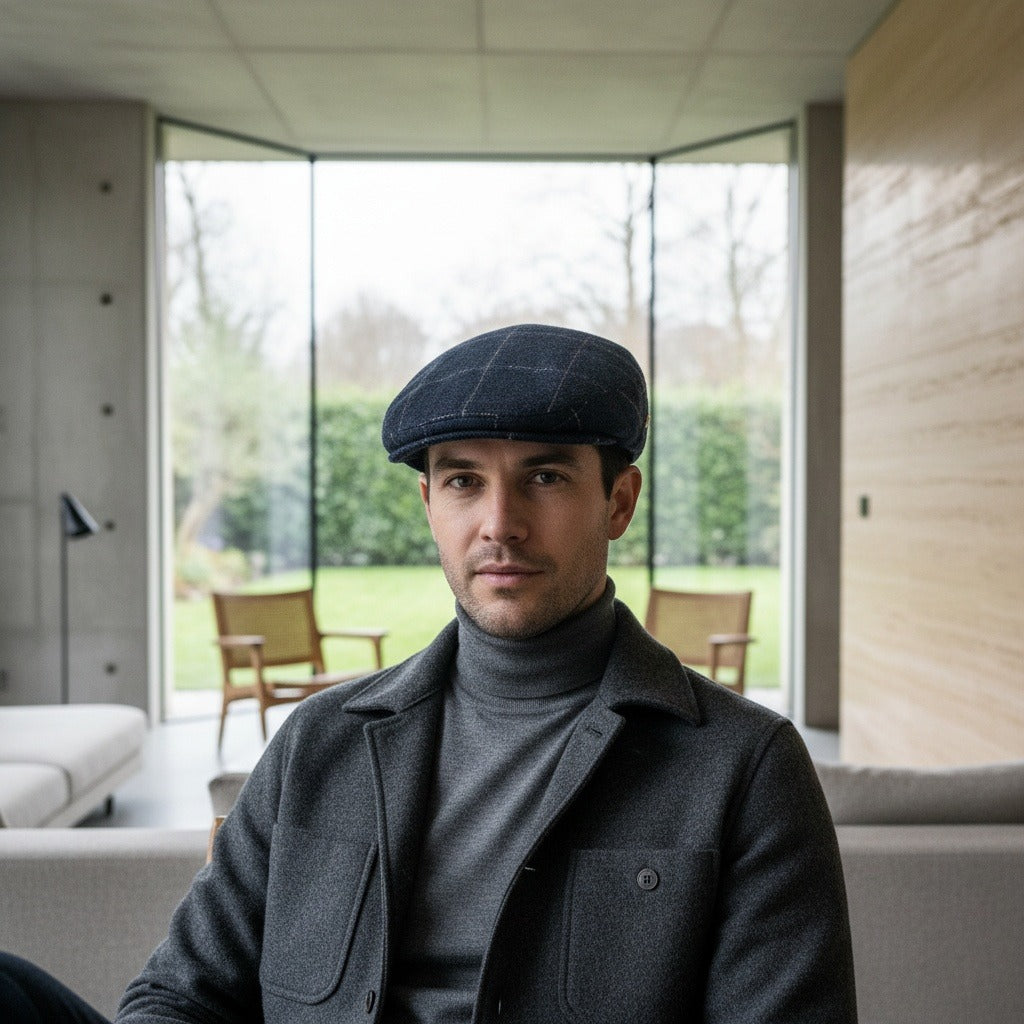 Mens Tweed Flat Cap - Indigo Plaid - Side Profile