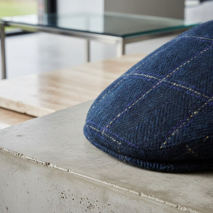 Mens Tweed Flat Cap - Indigo Plaid - Back View