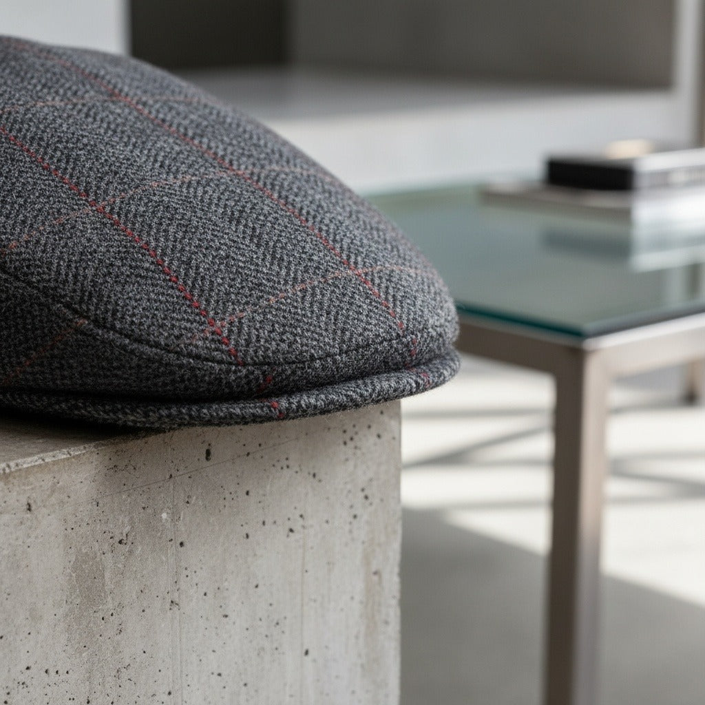 Mens Tweed Flat Cap - Grey Plaid - Back View