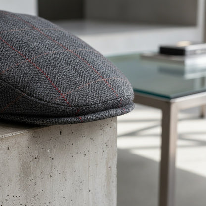 Mens Tweed Flat Cap - Grey Plaid - Back View