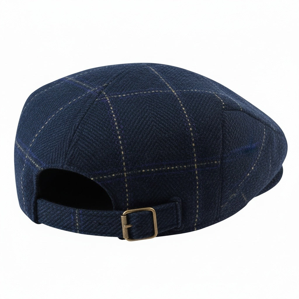 Mens Tweed Flat Cap - Indigo Plaid - Fabric Detail