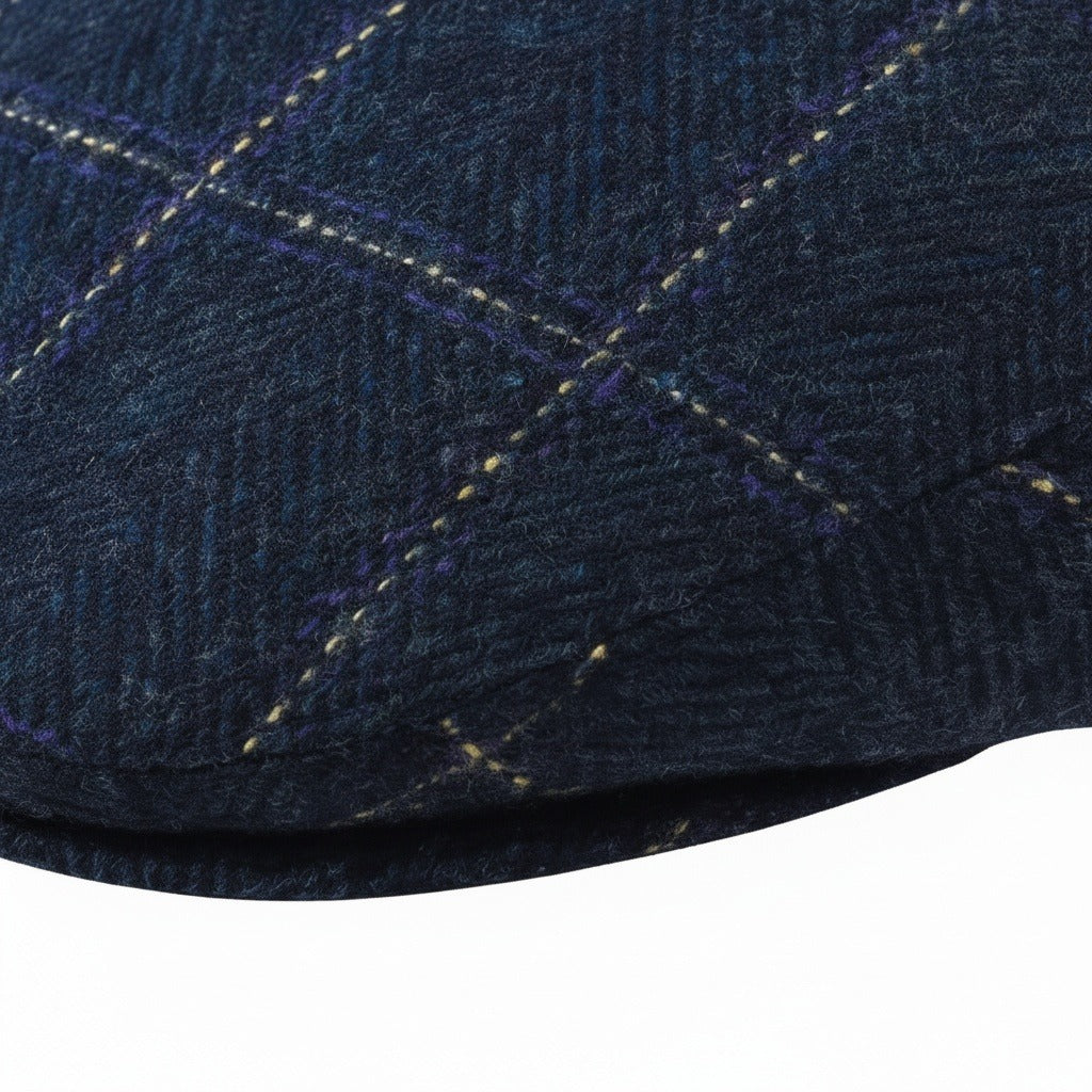 Mens Tweed Flat Cap - Indigo Plaid - Texture Close Up