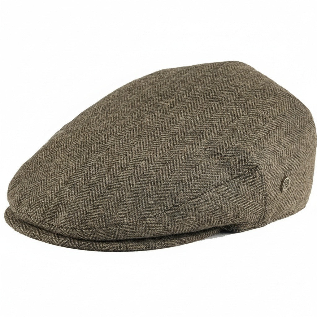 Mens Tweed Flat Cap - Oak Herringbone - Front View