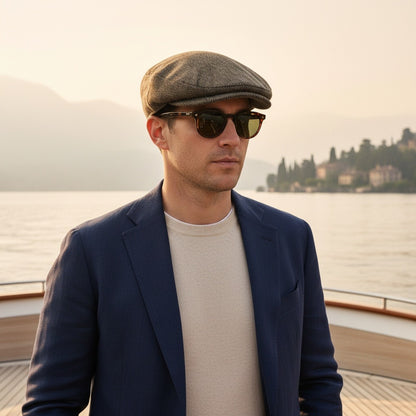 Mens Tweed Flat Cap - Oak Herringbone - Angled Shot
