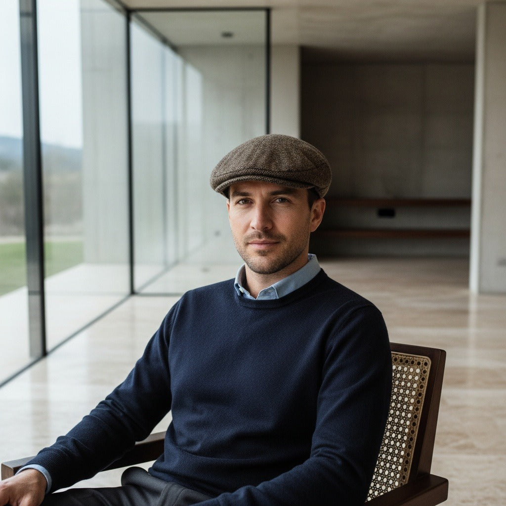 Mens Tweed Flat Cap - Oak Herringbone - Side Profile