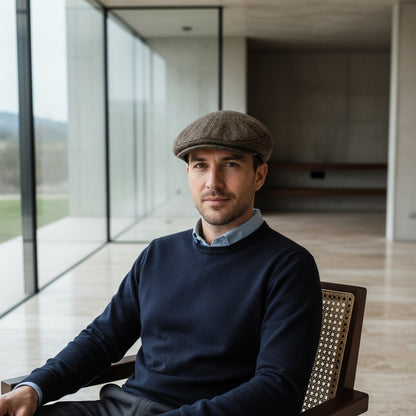 Mens Tweed Flat Cap - Oak Herringbone - Side Profile