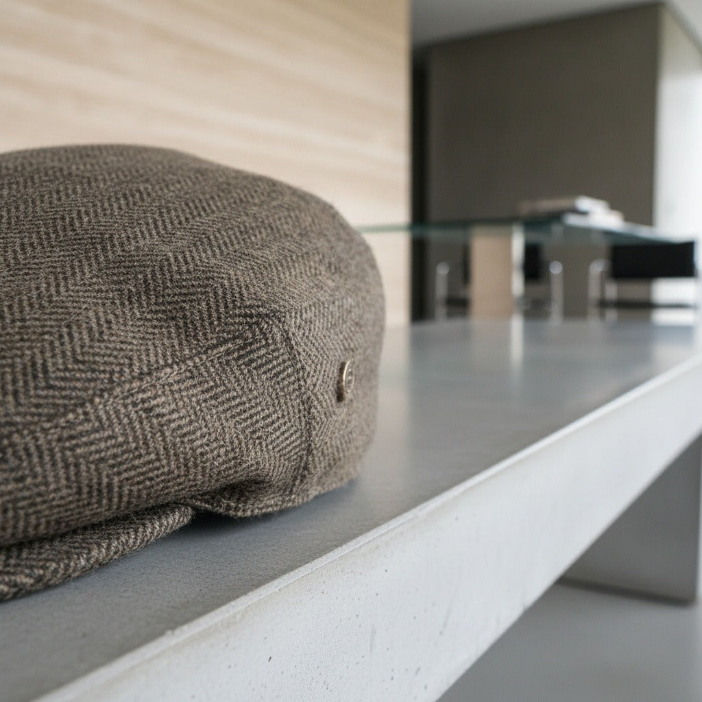 Mens Tweed Flat Cap - Oak Herringbone - Back View