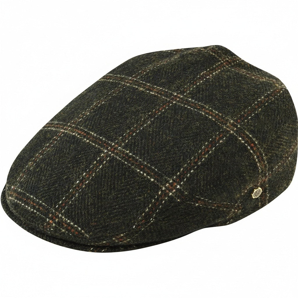 Mens Tweed Flat Cap - Moss Plaid - Front View