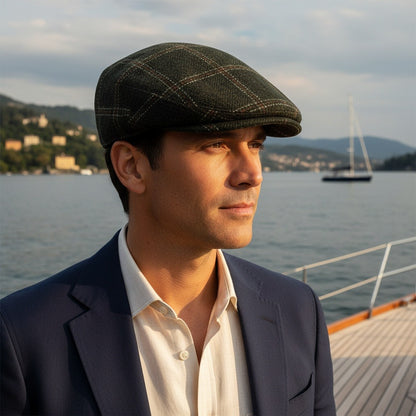Mens Tweed Flat Cap - Moss Plaid - Angled Shot