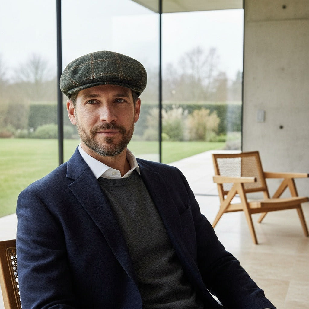 Mens Tweed Flat Cap - Moss Plaid - Side Profile