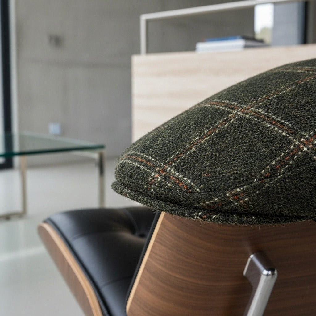 Mens Tweed Flat Cap - Moss Plaid - Back View