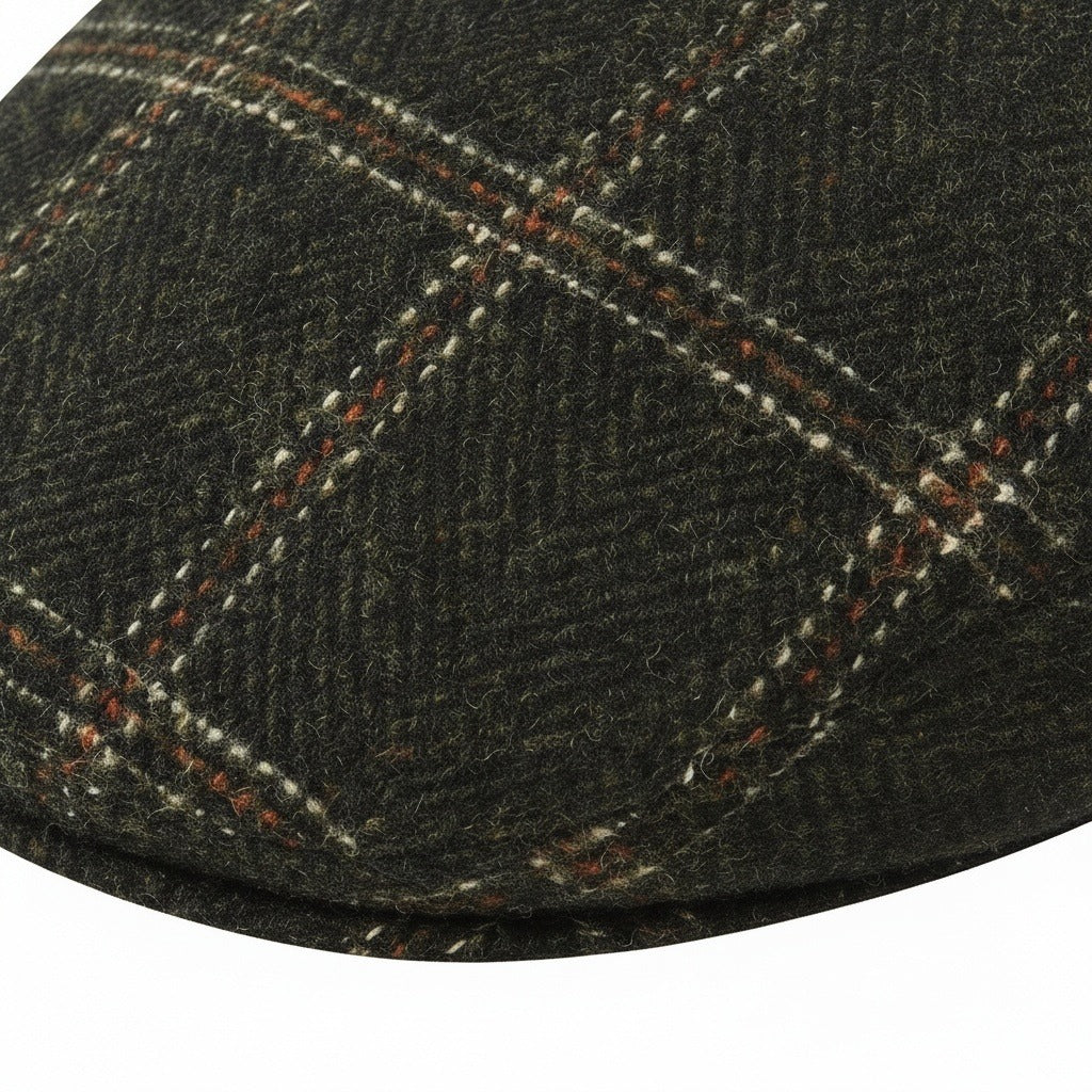 Mens Tweed Flat Cap - Moss Plaid - Texture Close Up