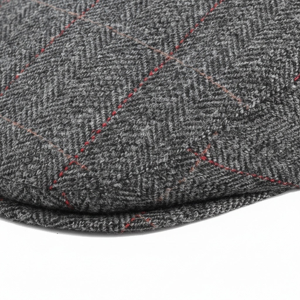 Mens Tweed Flat Cap - Grey Plaid - Texture Close Up