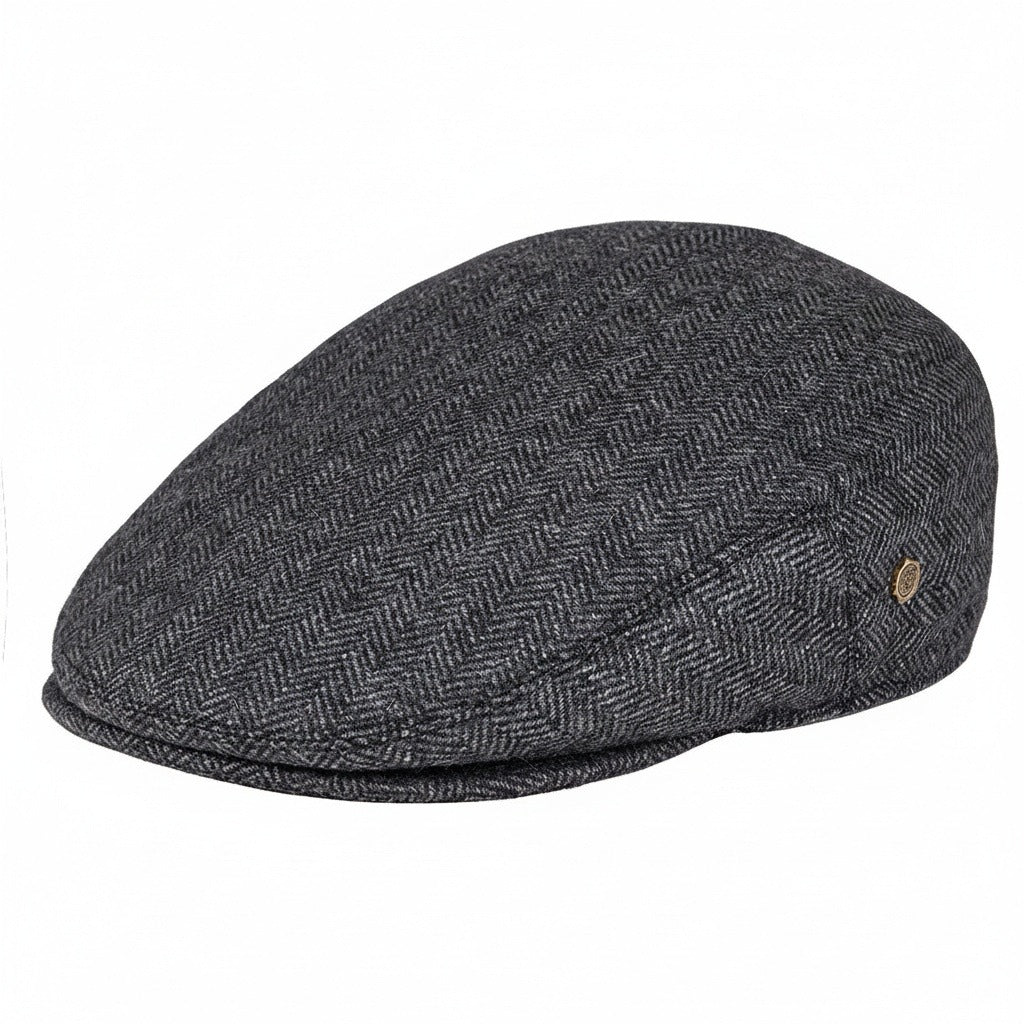 Mens Tweed Flat Cap - Charcoal Herringbone - Front View