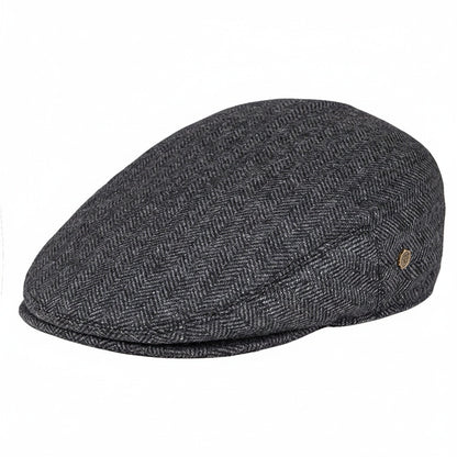 Mens Tweed Flat Cap - Charcoal Herringbone - Front View