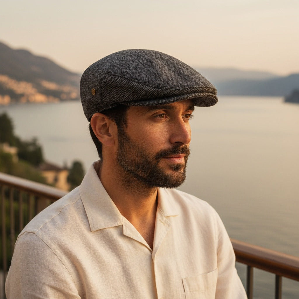 Mens Tweed Flat Cap - Charcoal Herringbone - Angled Shot